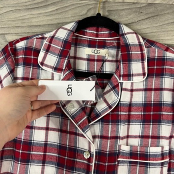 UGG Womens Pajama Shirt Red Plaid Button Up Pocket Collared Long Sleeve XS New‎ - Picture 2 of 12